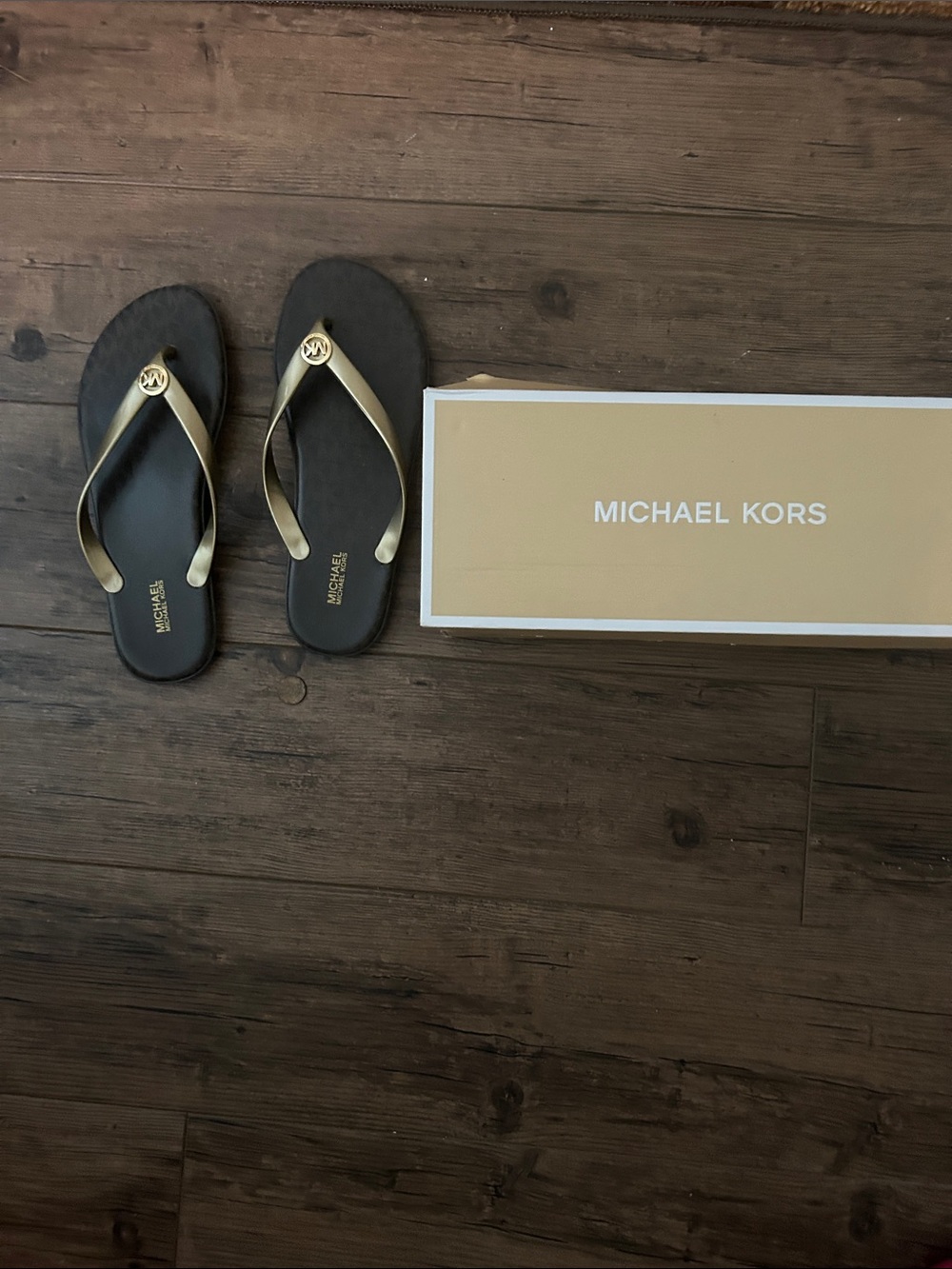 Michael Kors Brown/Gold Logo Flip Flop Sandals - Picture 3 of 5